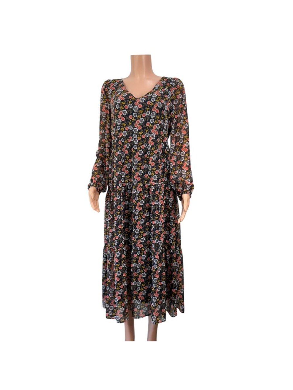 Loft Floral V-Neck Long Sleeve Tiered Midi Dress Women SZ 10 Back Zipper Closure